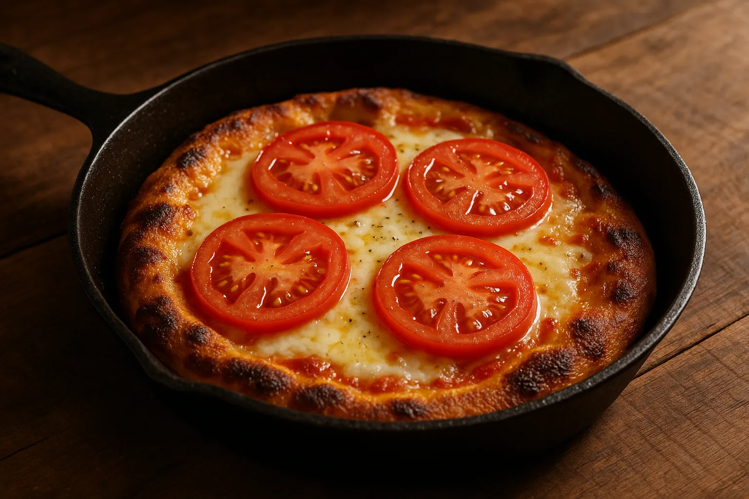 Pizza de frigideira com queijo derretido e rodelas de tomate