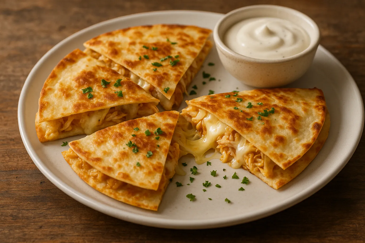 Quesadilla de pollo y queso cortada en porciones doradas