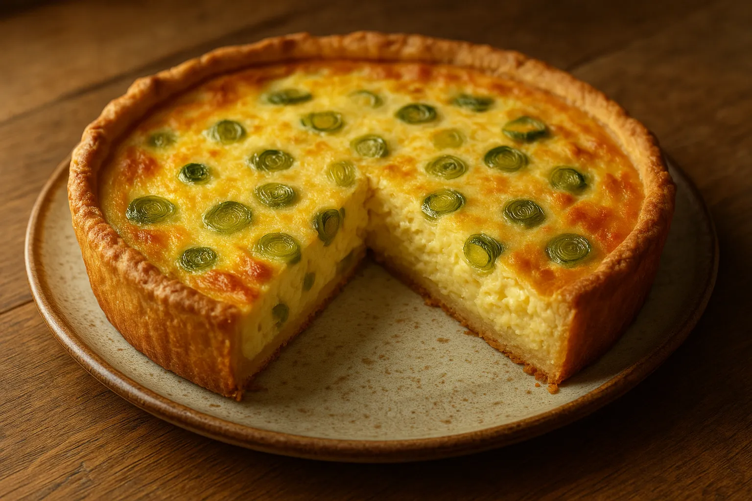 Sliced leek quiche with creamy filling