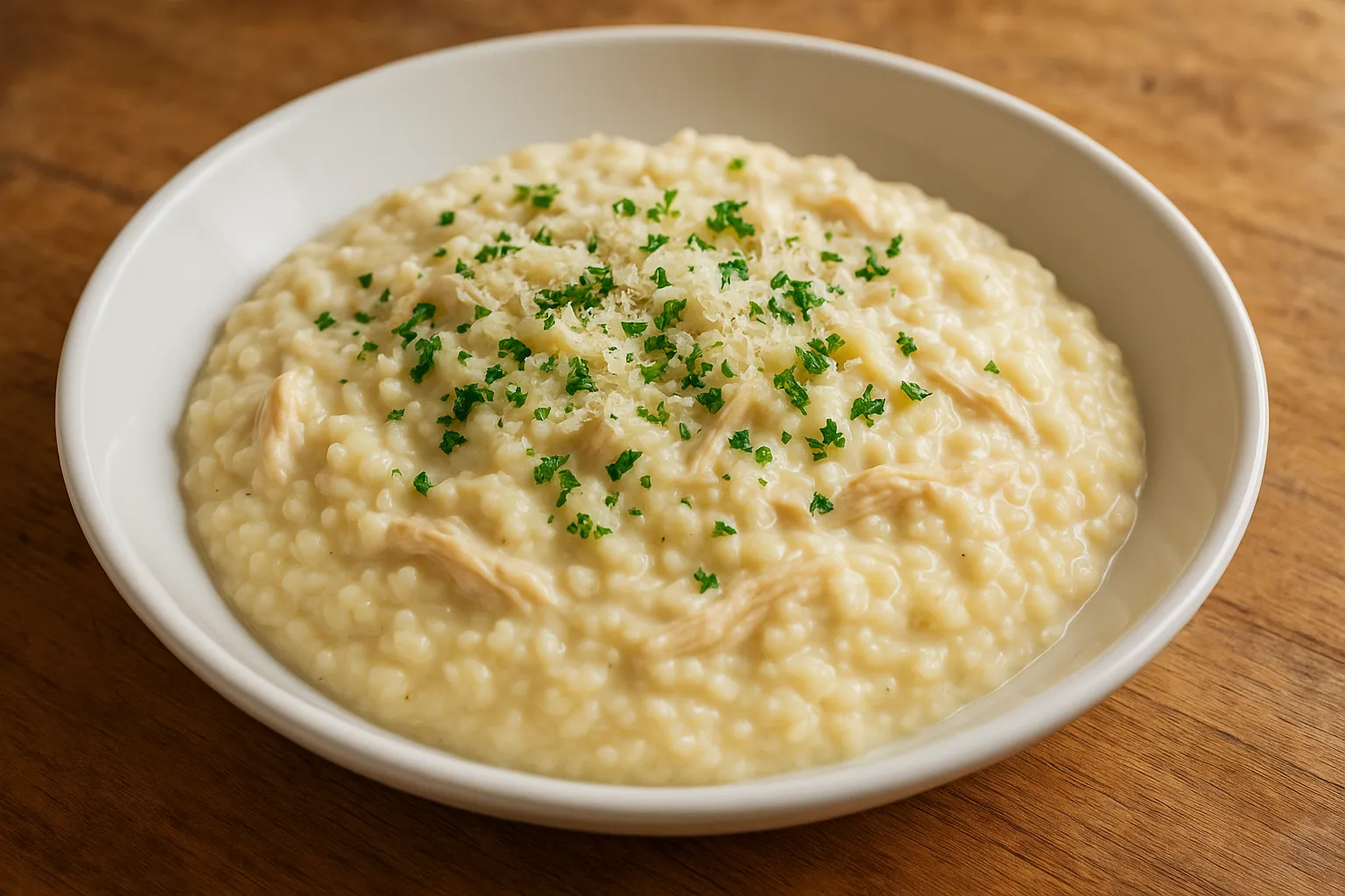 risoto cremoso de frango com requeijão em prato branco