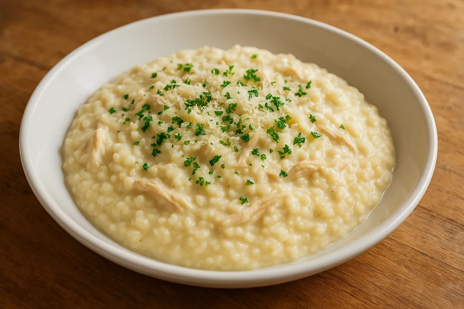 risoto cremoso de frango com requeijão em prato branco