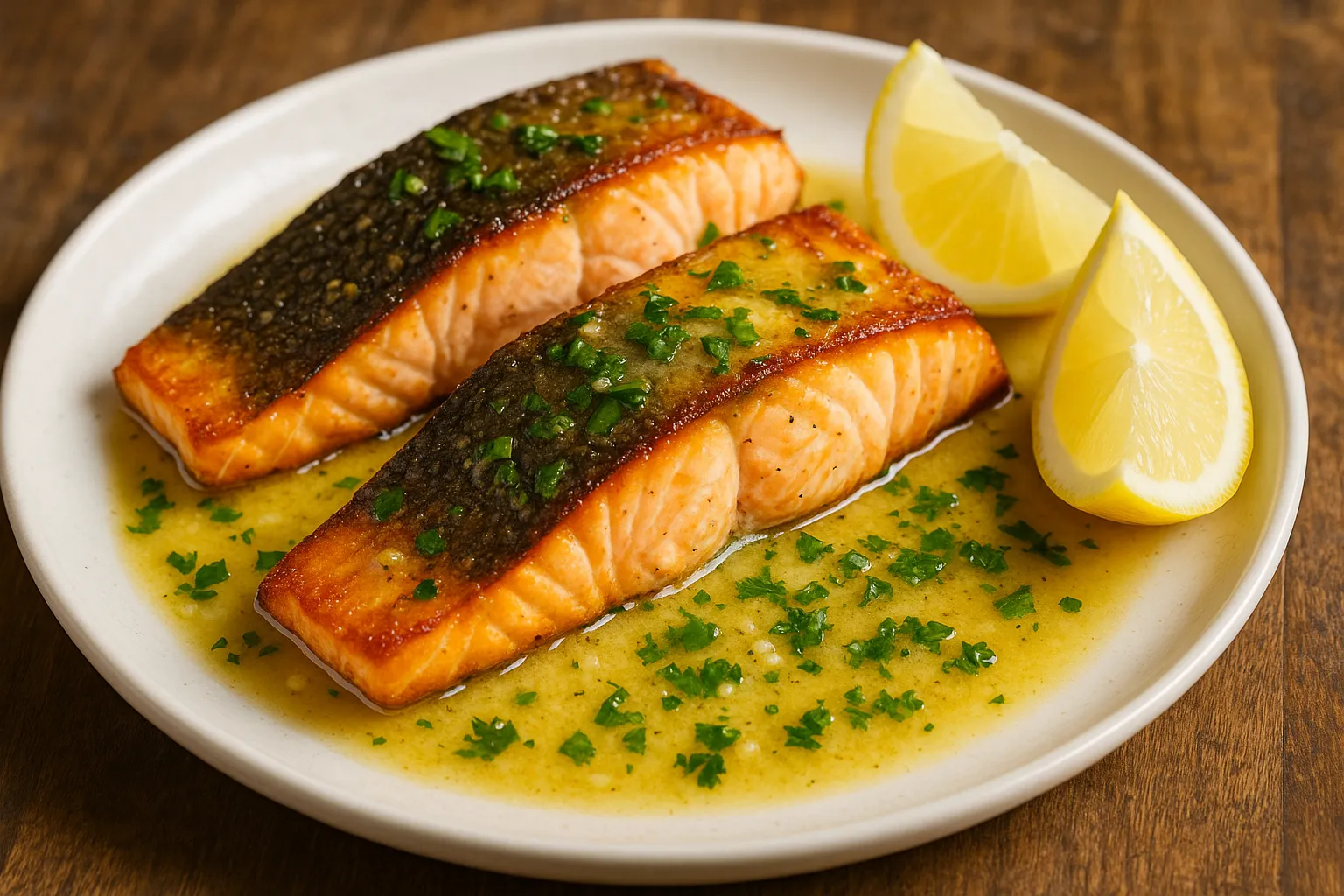 pan-seared salmon fillets with lemon butter sauce and parsley