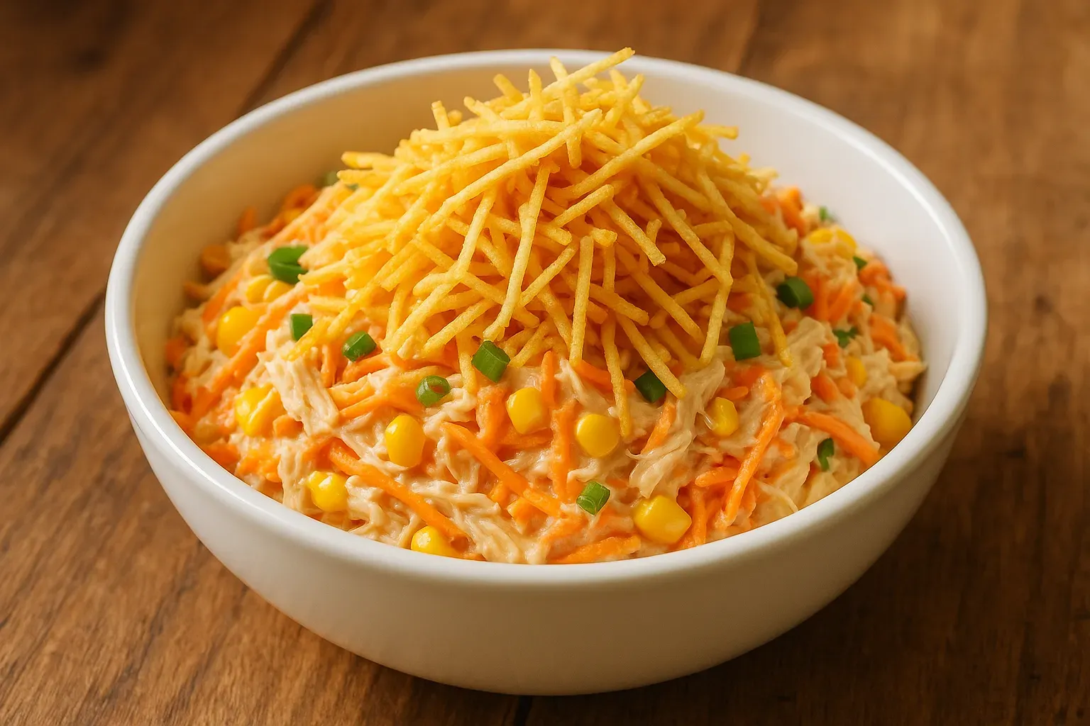 Salpicão de frango em travessa com batata palha por cima