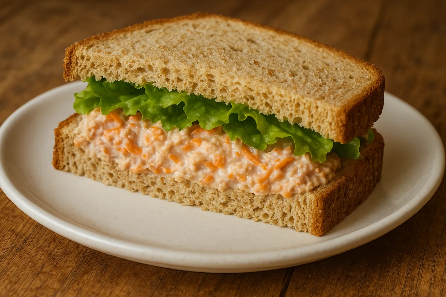 Tuna and carrot sandwich with lettuce on whole wheat bread