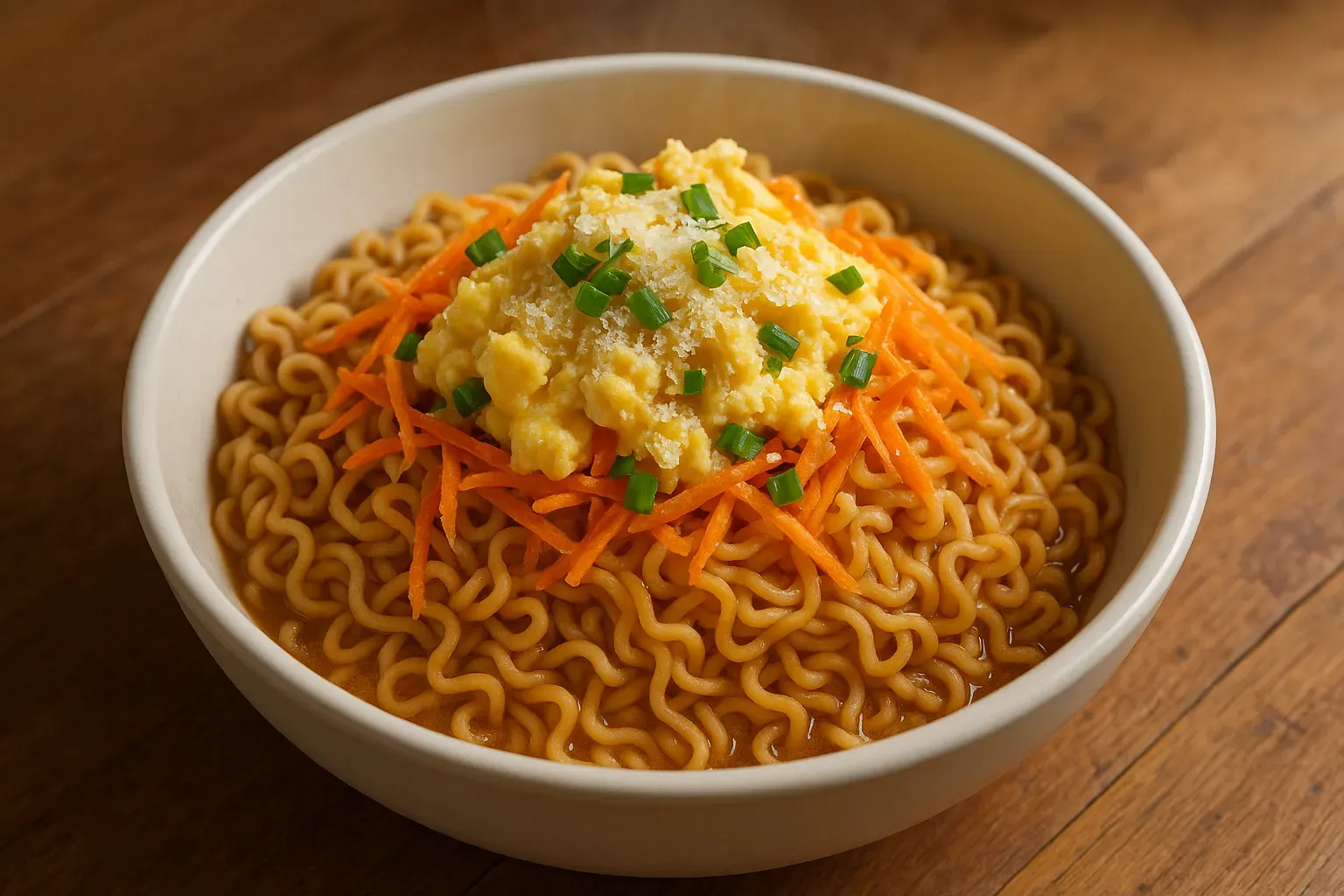 Upgraded instant ramen with creamy egg and shredded carrot