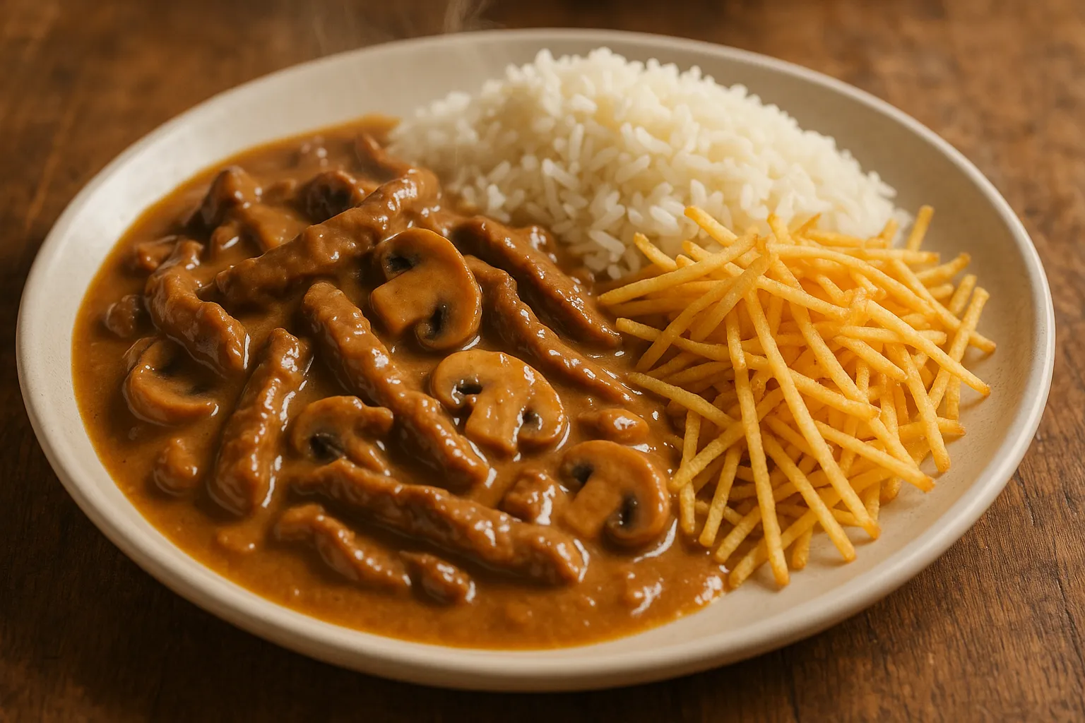 Strogonoff de carne cremoso com arroz e batata palha