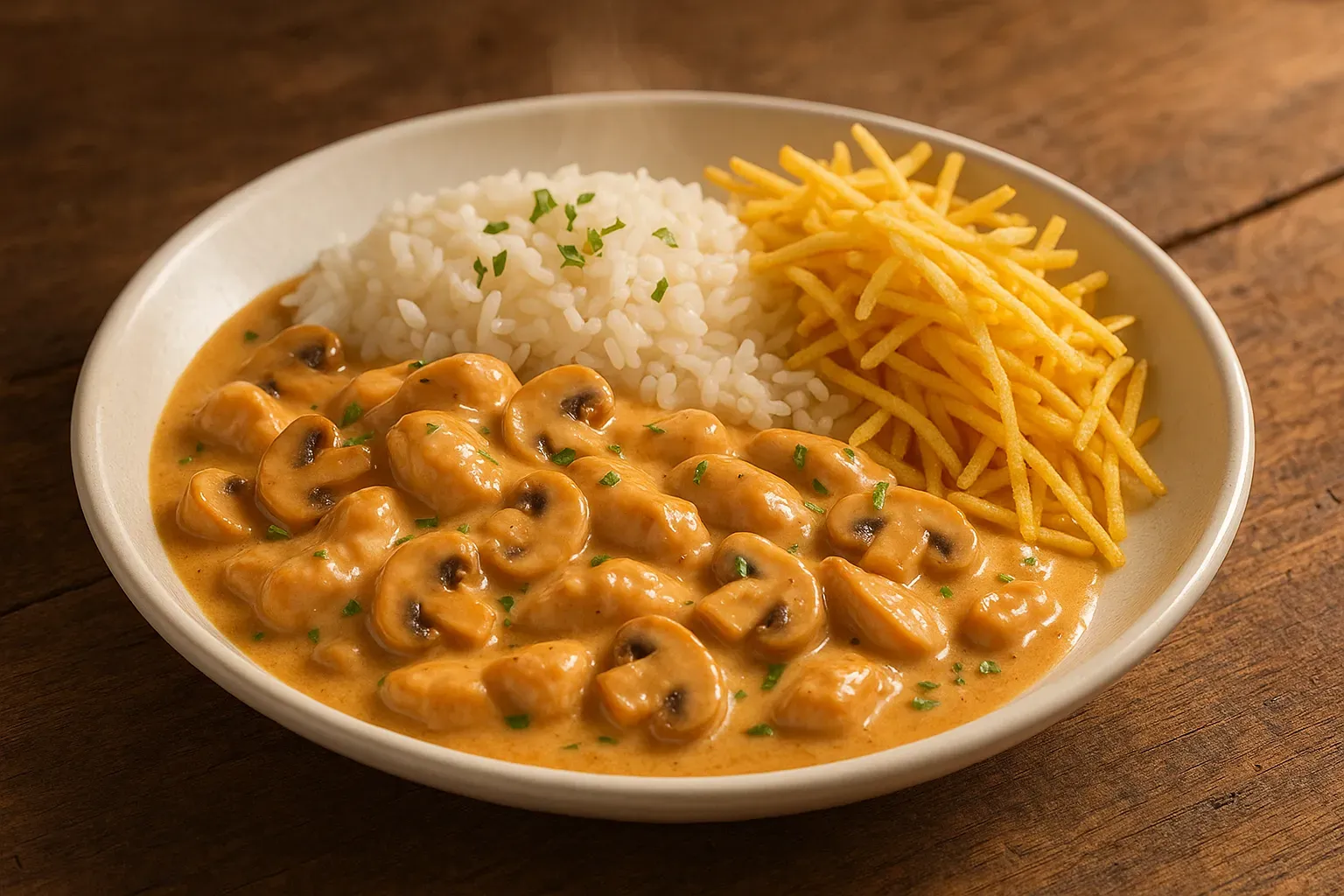 Creamy chicken stroganoff with mushrooms served with rice
