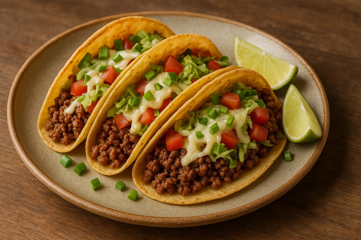 Ground beef tacos with tomato, lettuce and cheese on a rustic plate