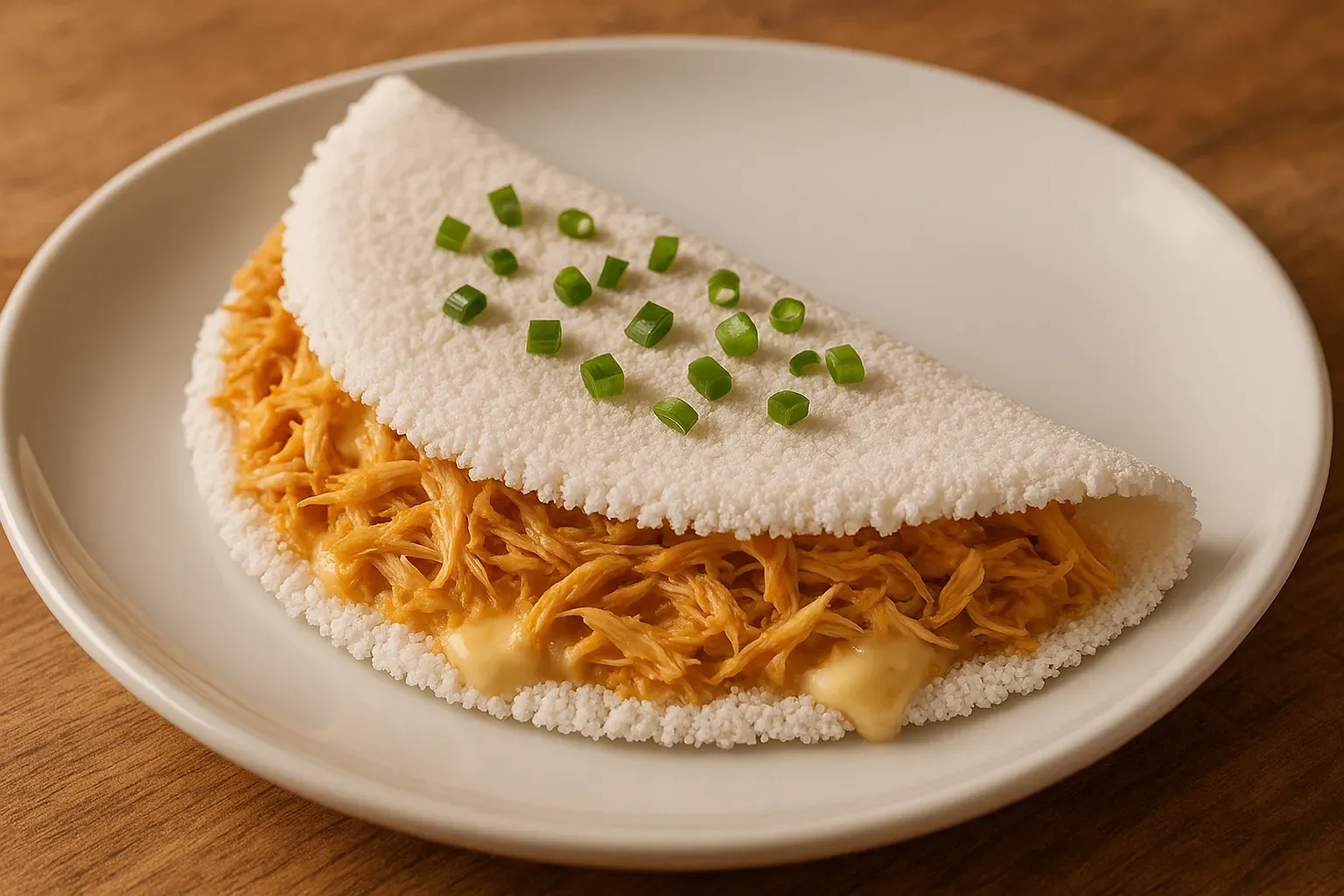 Folded tapioca pancake filled with shredded chicken and requeijão, sprinkled with scallions