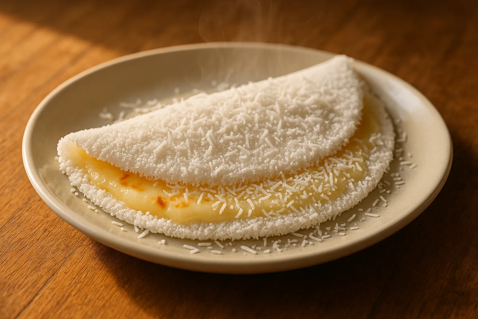Tapioca with queijo coalho and shredded coconut on a white plate