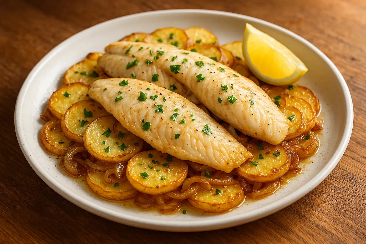 Tilápia assada sobre batatas e cebolas com salsinha