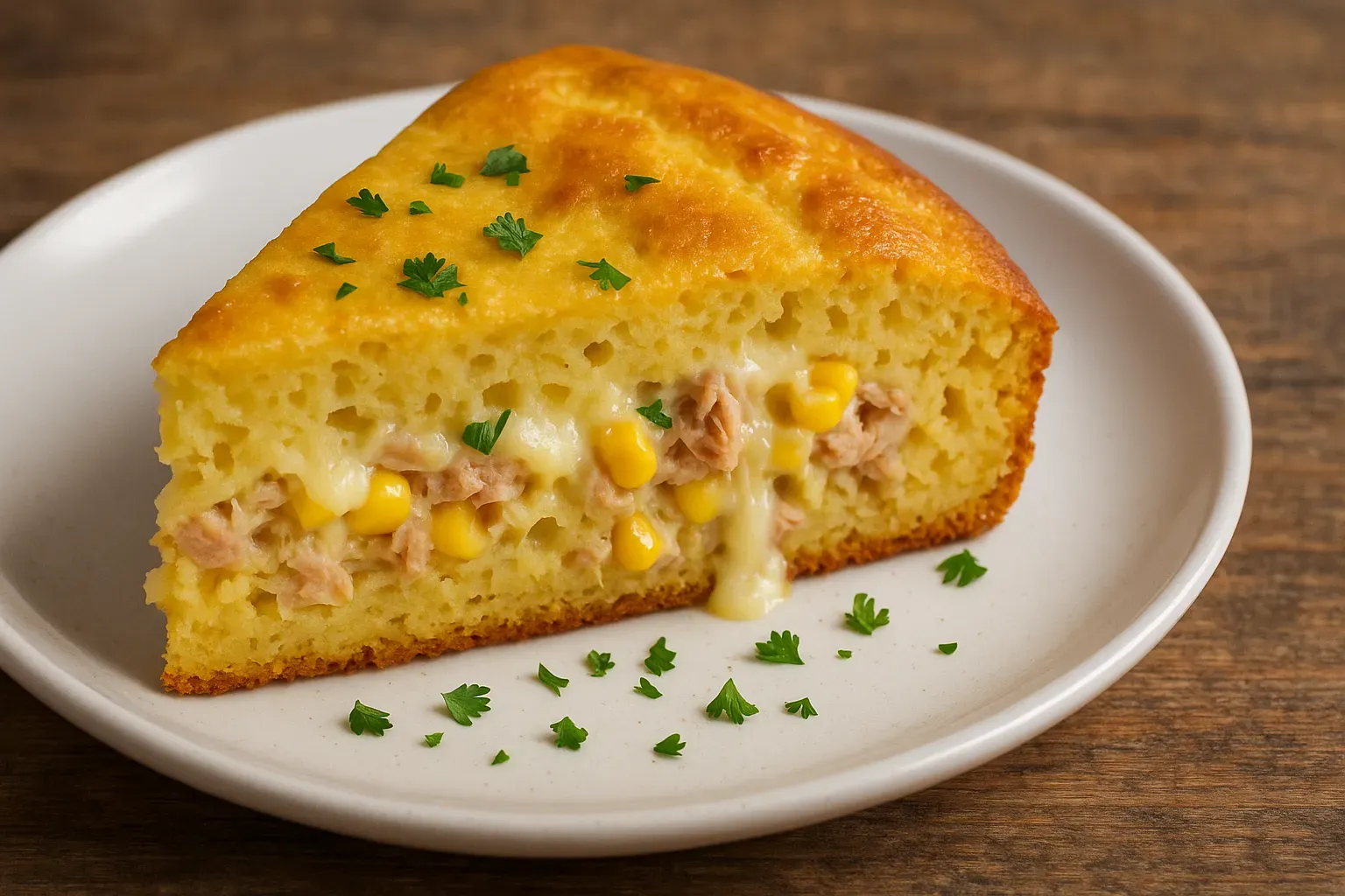 Slice of soft tuna pie on a white plate