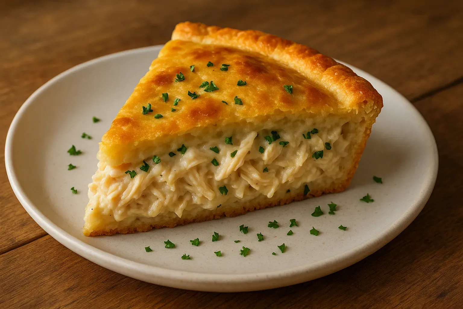 Slice of blender chicken pie on a plate