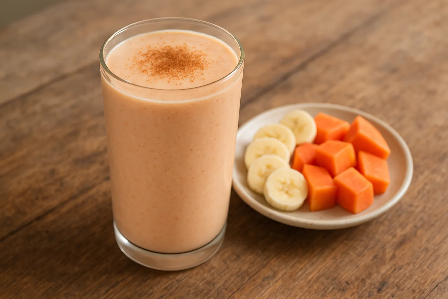 Copo de vitamina cremosa de banana e mamão polvilhada com canela