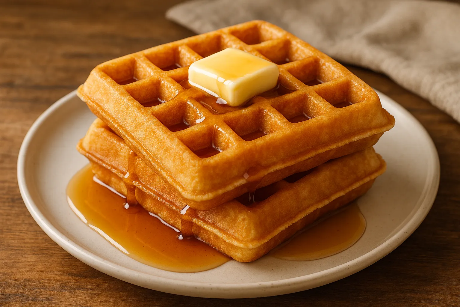 Stack of golden waffles with melting butter