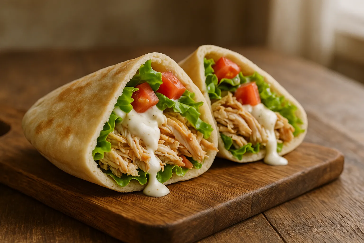 Chicken wrap with lettuce and tomato cut in half