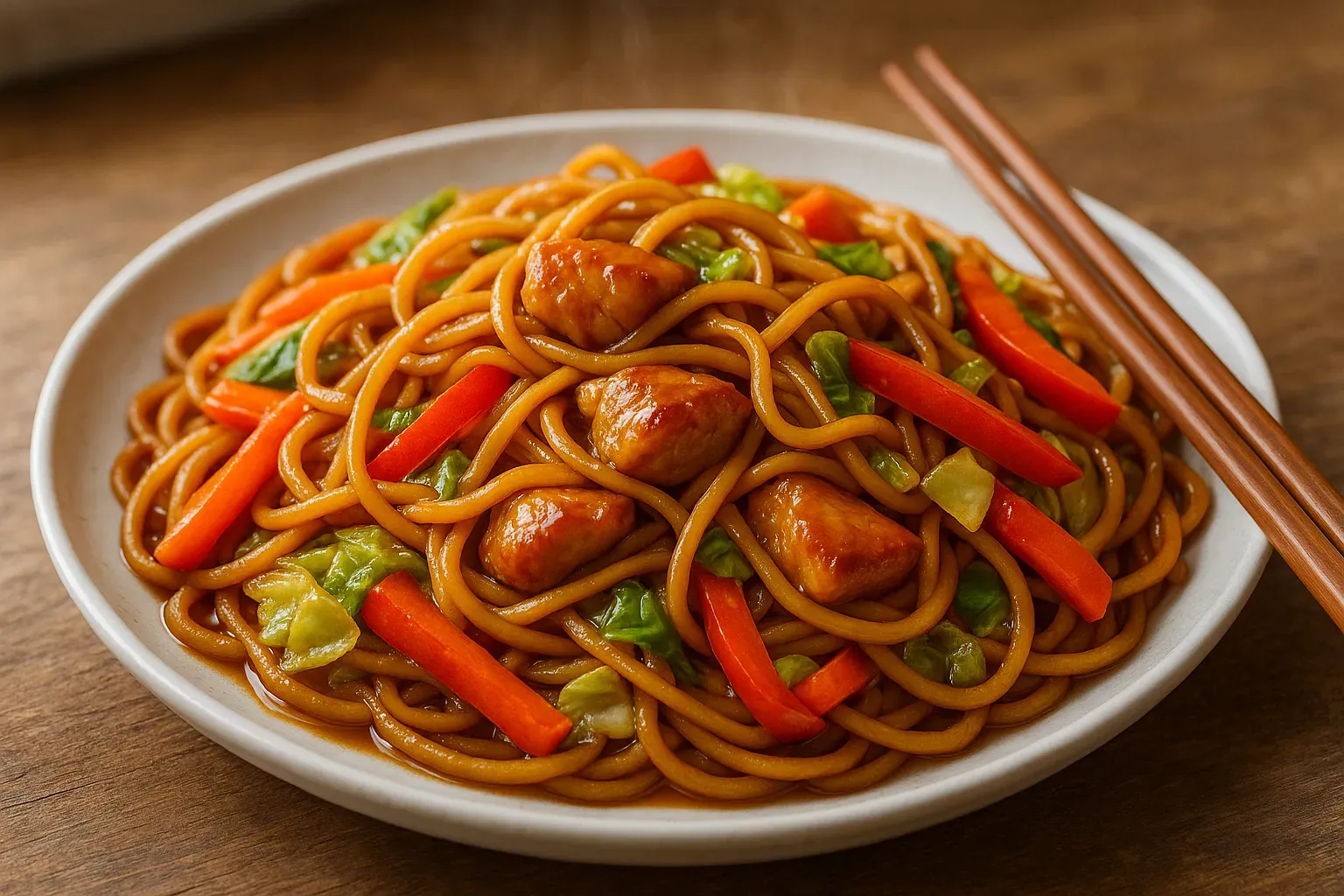 Chicken yakisoba with vegetables served on a white plate