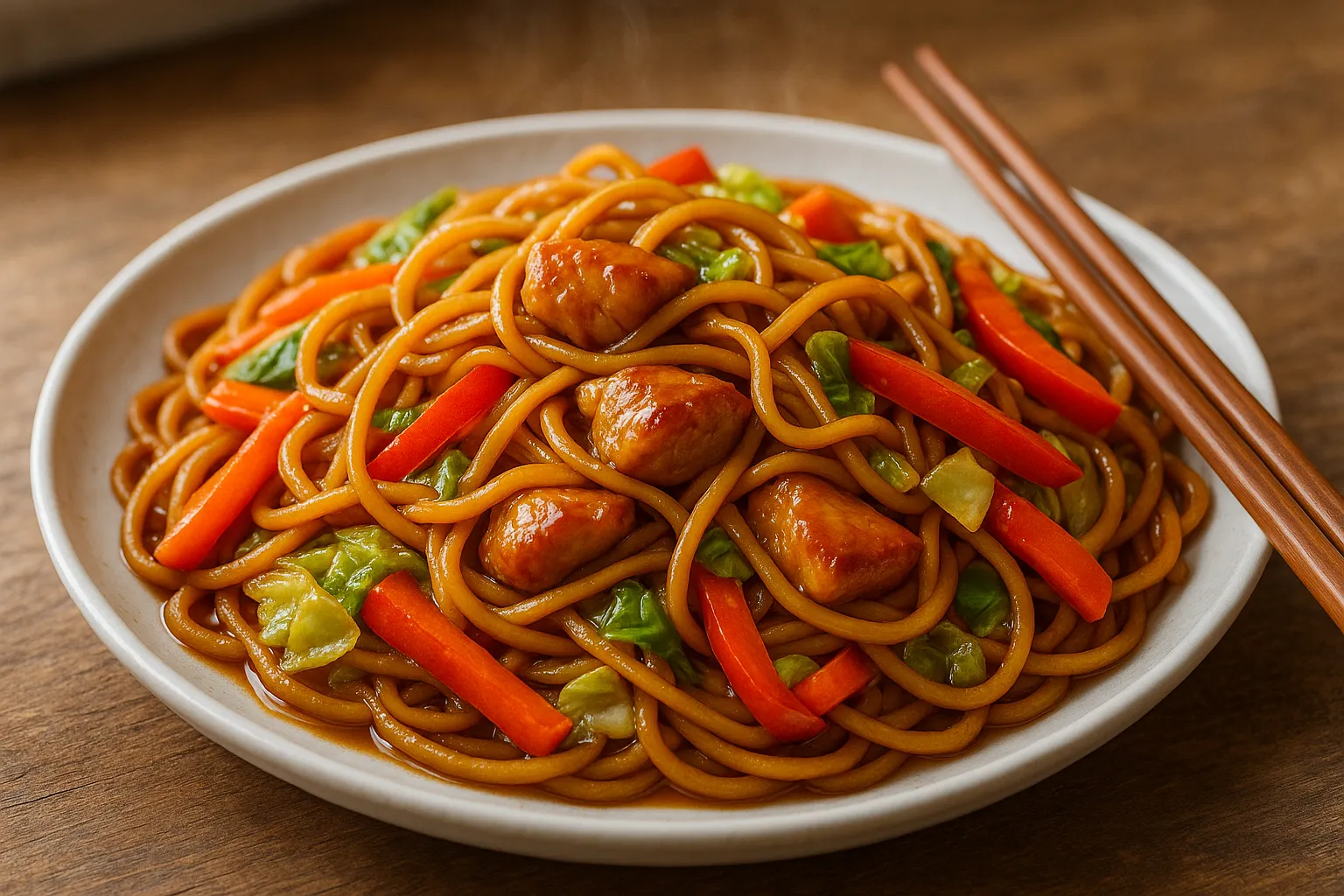 Yakisoba de pollo con verduras servido en plato blanco